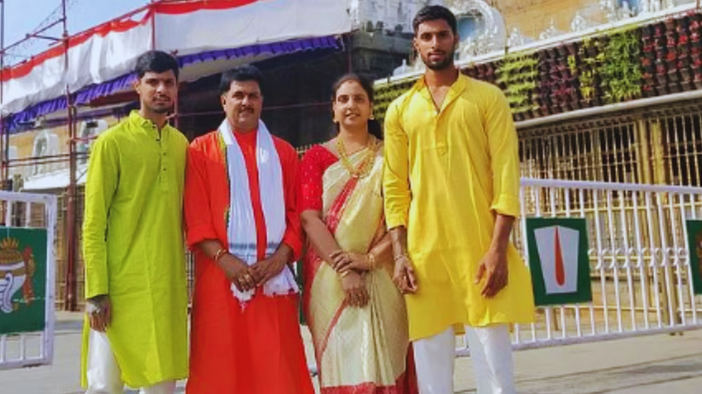 Tikal Varma with his mother, father & brother in frame at Tilak Varma Visits Tirupati Balaji Temple